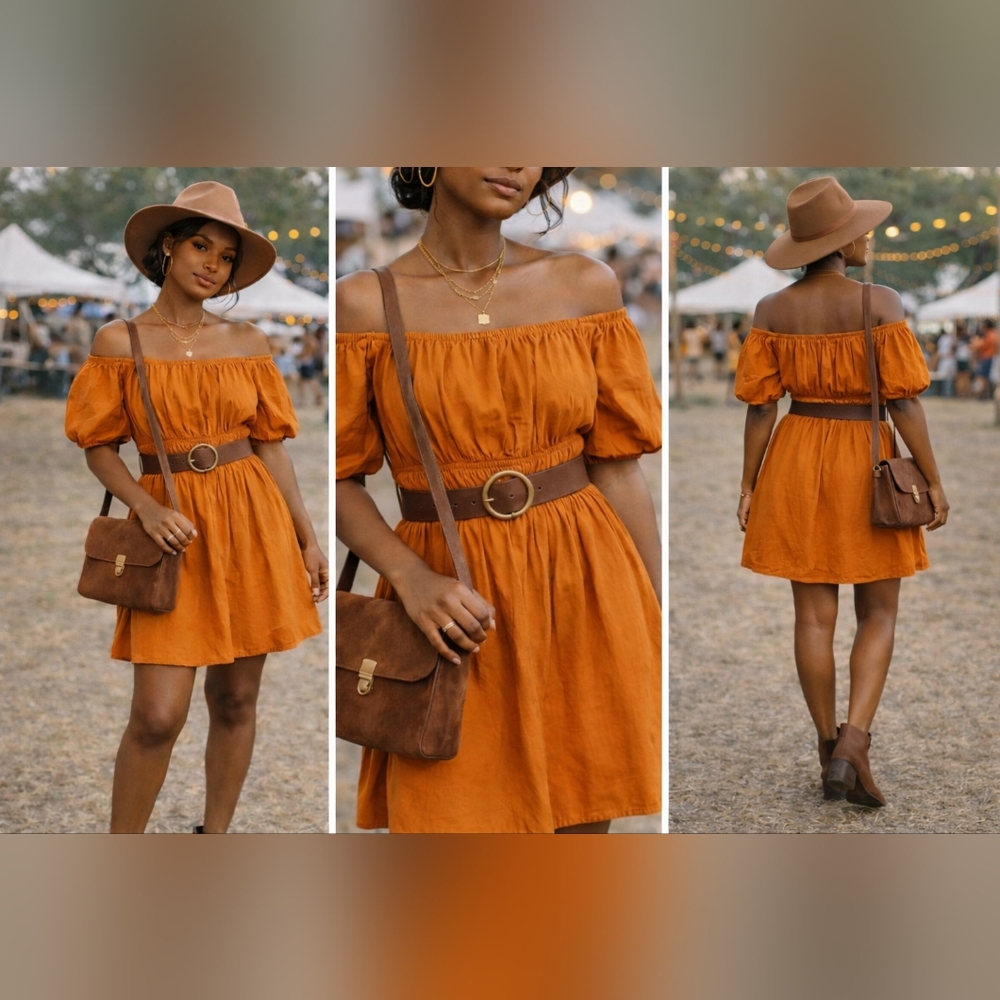 Guess Burnt Orange Off Shoulder Boho Mini Dress XS – Puff Sleeve Festival Dress
